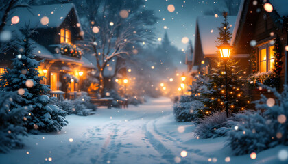 Snowy Village Street: Enchanting Winter Night Scene