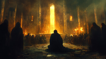 A sorrowful Judas kneeling in a dimly lit temple, encircled by accusing faces of priests and elders, their expressions filled with disdain, dramatic torchlight illuminating the scene,