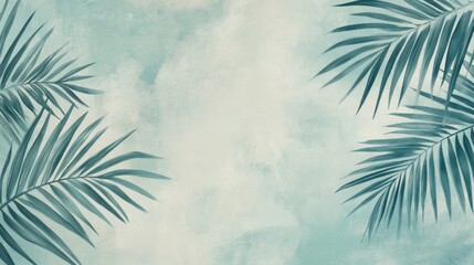 Teal palm leaves on a textured background with copy space.