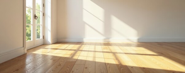 Fototapeta premium Sunlight streams onto oak floor, white walls reflect light , house, natural light