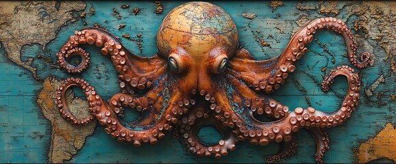 Octopus on antique world map, nautical theme, ocean creature, sea life, underwater world, travel concept.