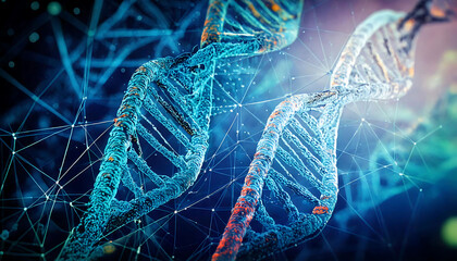 Stunning abstract image of DNA strands, rendered in vibrant teal and orange hues, set against a dark, interconnected network.