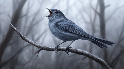 Blue Bird Singing on a Branch in Foggy Forest
