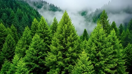 Fototapeta premium Lush green forests enveloped in mist, showcasing towering coniferous trees against a backdrop of majestic mountains.