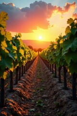 Fototapeta premium Vineyard at sunset, warm light, textured soil, rural sunset, texture