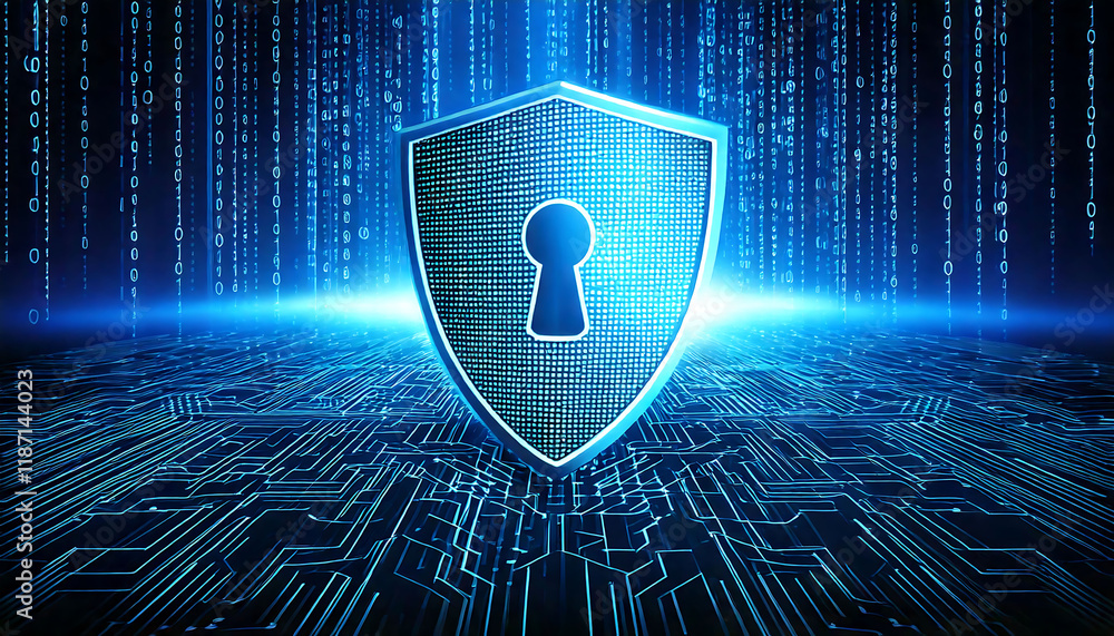 Poster cybersecurity shield graphic; glowing blue digital keyhole on a circuit board backdrop with binary c