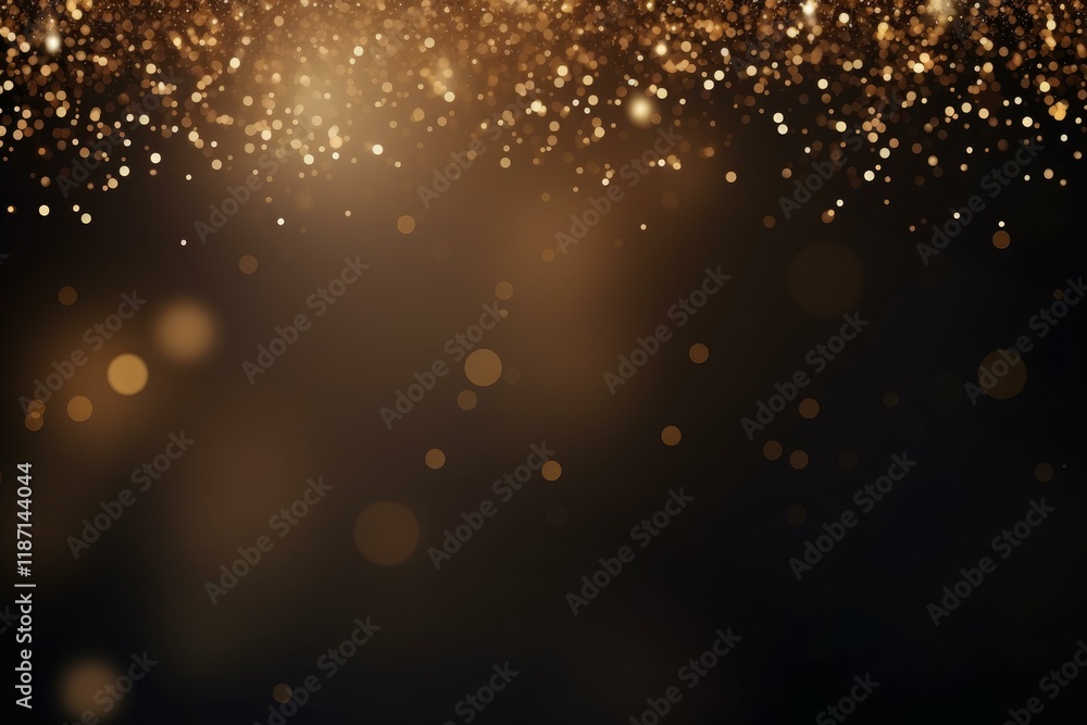 Poster golden particles falling down with bokeh effect over dark background, creating a festive and magical
