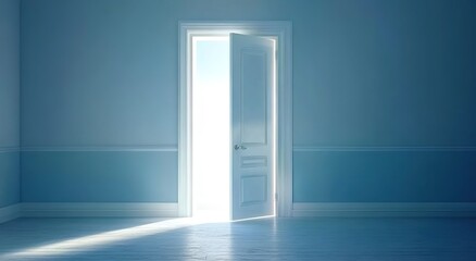 A white door with light shining through, the door open in the middle of an empty room with blue walls