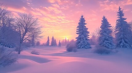 A serene winter landscape with snow-covered trees and a pink sky at sunset, creating an enchanting atmosphere. 
