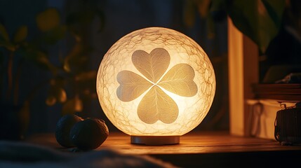 A softly illuminated ball featuring a clover leaf at the center