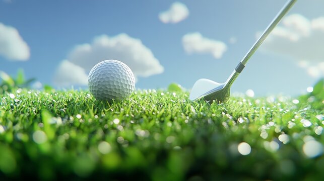 Golf club poised to strike golf ball on lush green grass, under a vibrant blue sky adorned with fluffy white clouds, capturing the essence of the exciting golf sport
