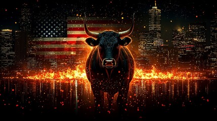 Fiery bull against American flag and city skyline.