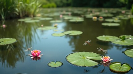 Serene Garden Pond with Lily Pads and Dragonflies