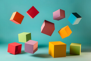 Obraz premium Colorful cubes floating against a minimalistic turquoise background, perfect for concepts of creativity, innovation, education, or playful and modern design visuals