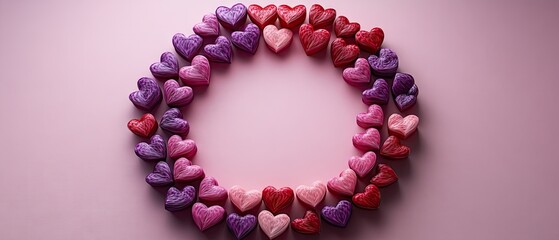 Obraz premium Colorful hearts form a circle on a pink background, ideal for Valentine's Day projects.