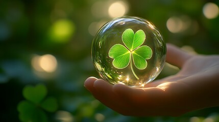 Transparent sphere holding a softly glowing clover leaf inside