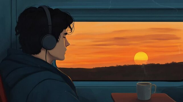 Boy Listening to Music &ndash; Romantic Travel or Indoor Window Scene with Coffee and Space for Lyrics in Lo-Fi Background Template

