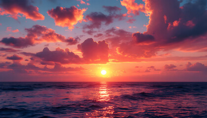 Obraz premium Fiery Ocean Sunset: A Dramatic Seascape Painting