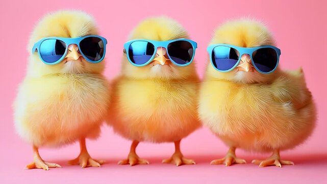 Three cute chicks wearing blue sunglasses stand together against a pink background in a playful display