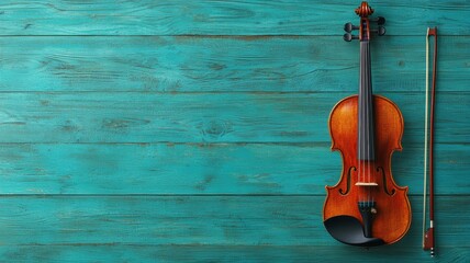 Fototapeta premium A wooden violin and bow rest on a textured turquoise background, showcasing their craftsmanship and elegance.
