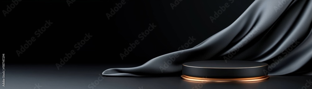 Poster a sleek black surface with a softly draped fabric, featuring a circular object illuminated by a warm