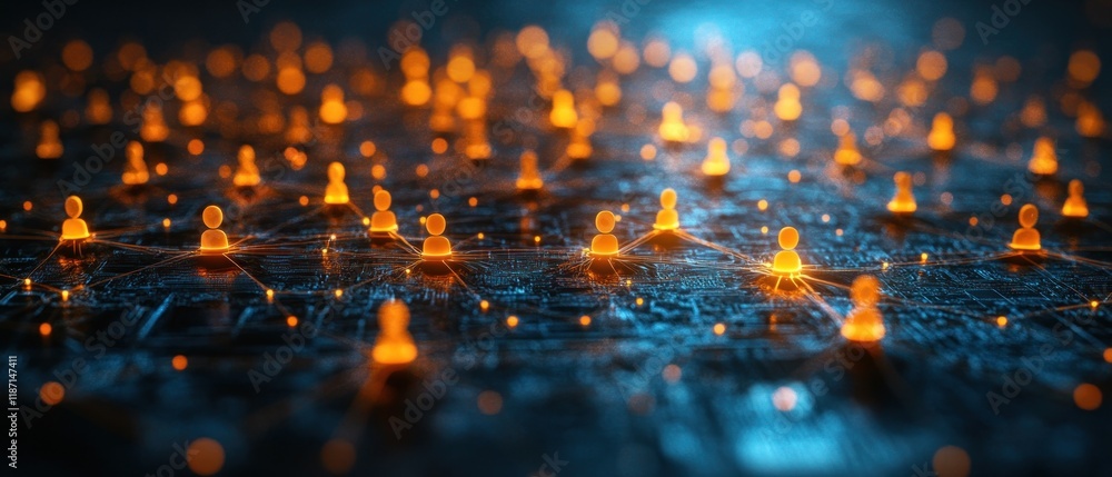 Poster a digital network with glowing figures symbolizing connectivity and interaction.