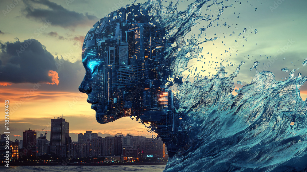 Poster a surreal digital human face merging with a futuristic cityscape as waves of data and technology flo