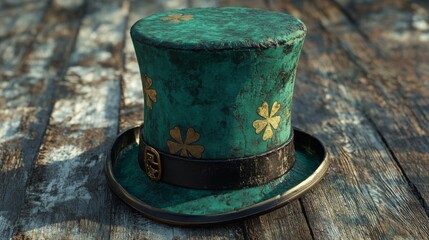 A weathered green top hat adorned with shamrocks