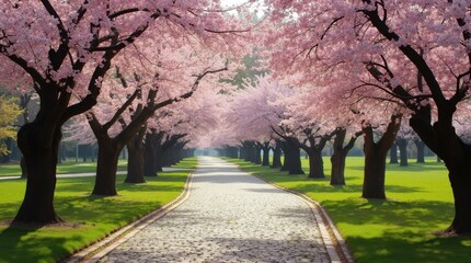 Naklejka premium Serene Cherry Blossom Park Path