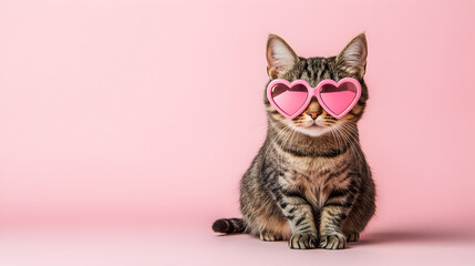 Cat pink heart sunglasses, pastel, cute, pet, animal, funny, adorable, fashion style.