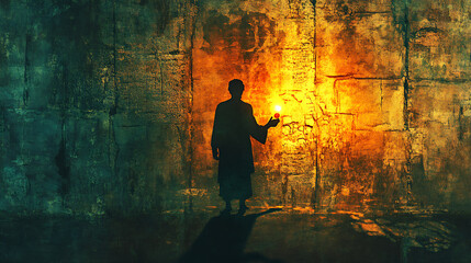 Obraz premium A symbolic depiction of betrayal with Judas’ shadow looming on the temple wall, coins in his hand glowing faintly under flickering torchlight, cracks and carvings in the stone adding tension,