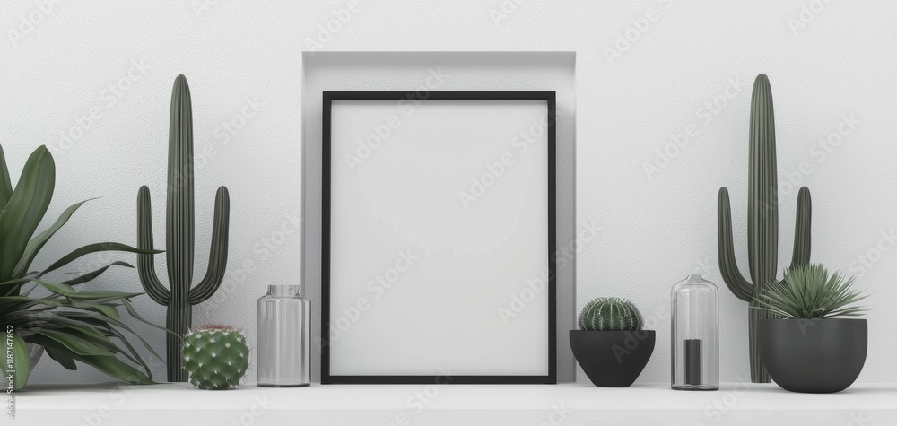 Aufkleber a minimalist display featuring a blank frame surrounded by various potted cacti and succulents on a 