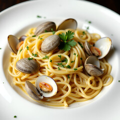 A plate of linguine  with fresh clams and parsley.