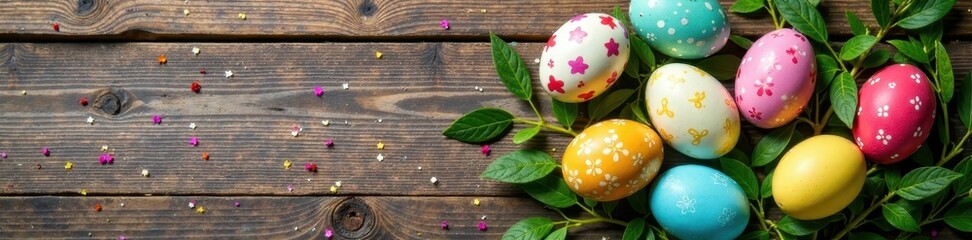 Obraz premium Colorful Easter eggs on rustic wooden background, march, celebration