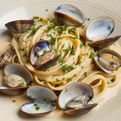 A plate of linguine  with fresh clams and parsley.