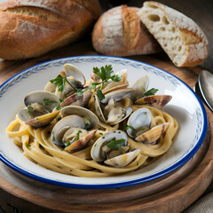 A plate of linguine  with fresh clams and parsley.