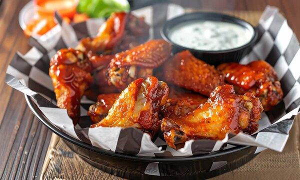 Crispy buffalo chicken wings with creamy dip on checkered paper-lined basket
