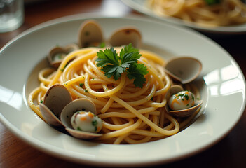 A plate of linguine  with fresh clams and parsley.