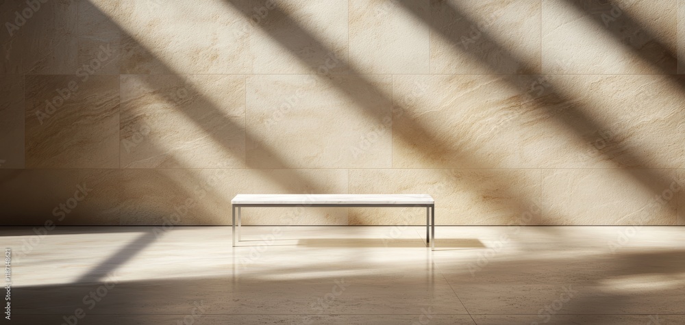 Aufkleber a minimalist scene featuring a simple bench against a textured wall, illuminated by natural light ca
