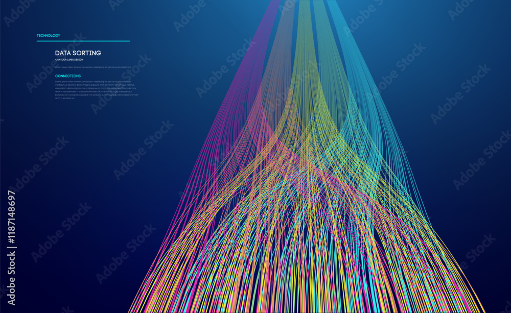 Poster data sorting colorful lines background. data flow technology illustration. big data blue technology 