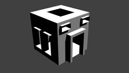 A particular design house isolated on grey background. The house have a roof, entrance door and side windows 