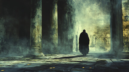 Obraz premium A symbolic image of Judas walking away from the temple, leaving silver coins glinting in the dim torchlight, shadows from the ancient walls and pillars creating an air of tension and despair,