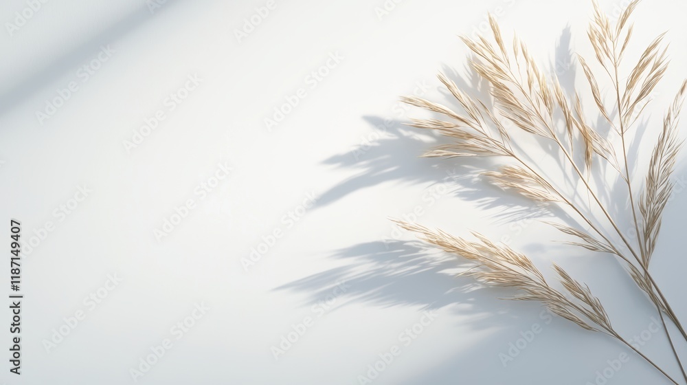Aufkleber a delicate dried grass branch casts soft shadows on a light background, creating a serene and minima