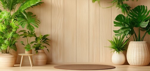 A serene indoor space featuring various green plants, a round rug, and a wooden backdrop, creating a natural and calming atmosphere.