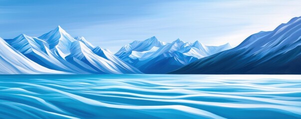 Fototapeta premium A serene landscape featuring snow-capped mountains reflecting on a calm, turquoise lake under a clear blue sky.