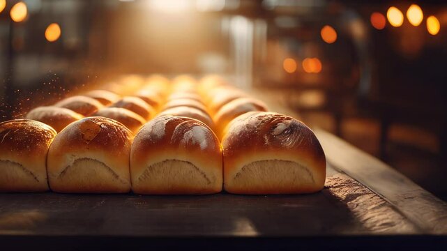 Freshly baked bread rolls lined up in a warm bakery with soft lighting during the evening