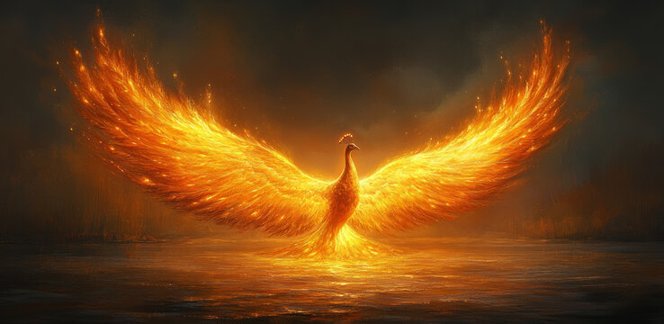 Majestic phoenix rising from waters enchanted realm digital art dreamlike atmosphere surreal perspective