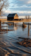 Submerged farmland scene with barn in natural flooding landscape.