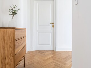A minimalist hallway featuring a wooden dresser, a door, and herringbone-patterned flooring, accented by a small plant.