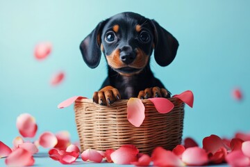 Adorable Puppy Surrounded by Petals in Basket